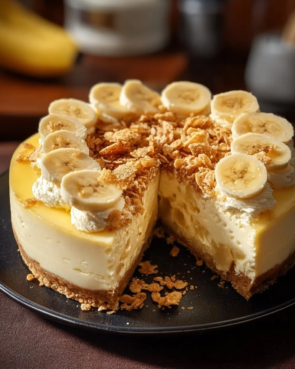 Decadent banana pudding cheesecake with creamy layers and banana slices on top
