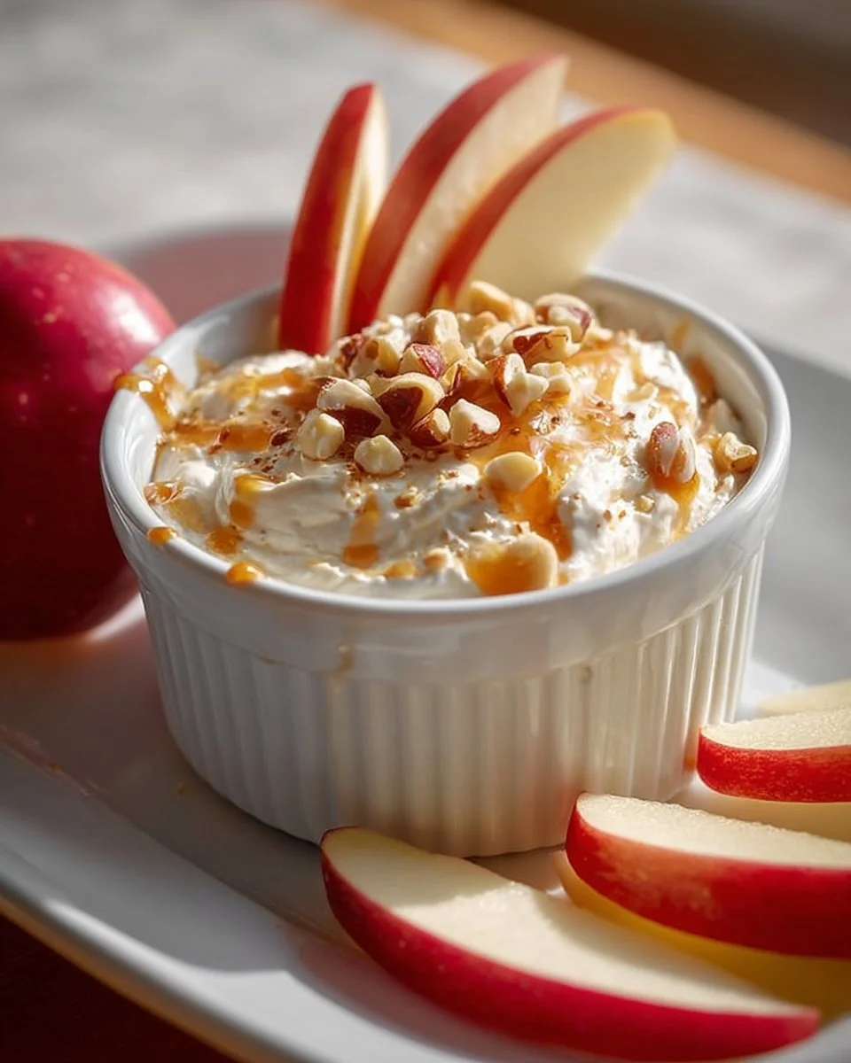 Delicious cottage cheese apple dip served in a bowl with fresh apple slices