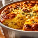 Delicious ground turkey breakfast casserole topped with cheese and vegetables