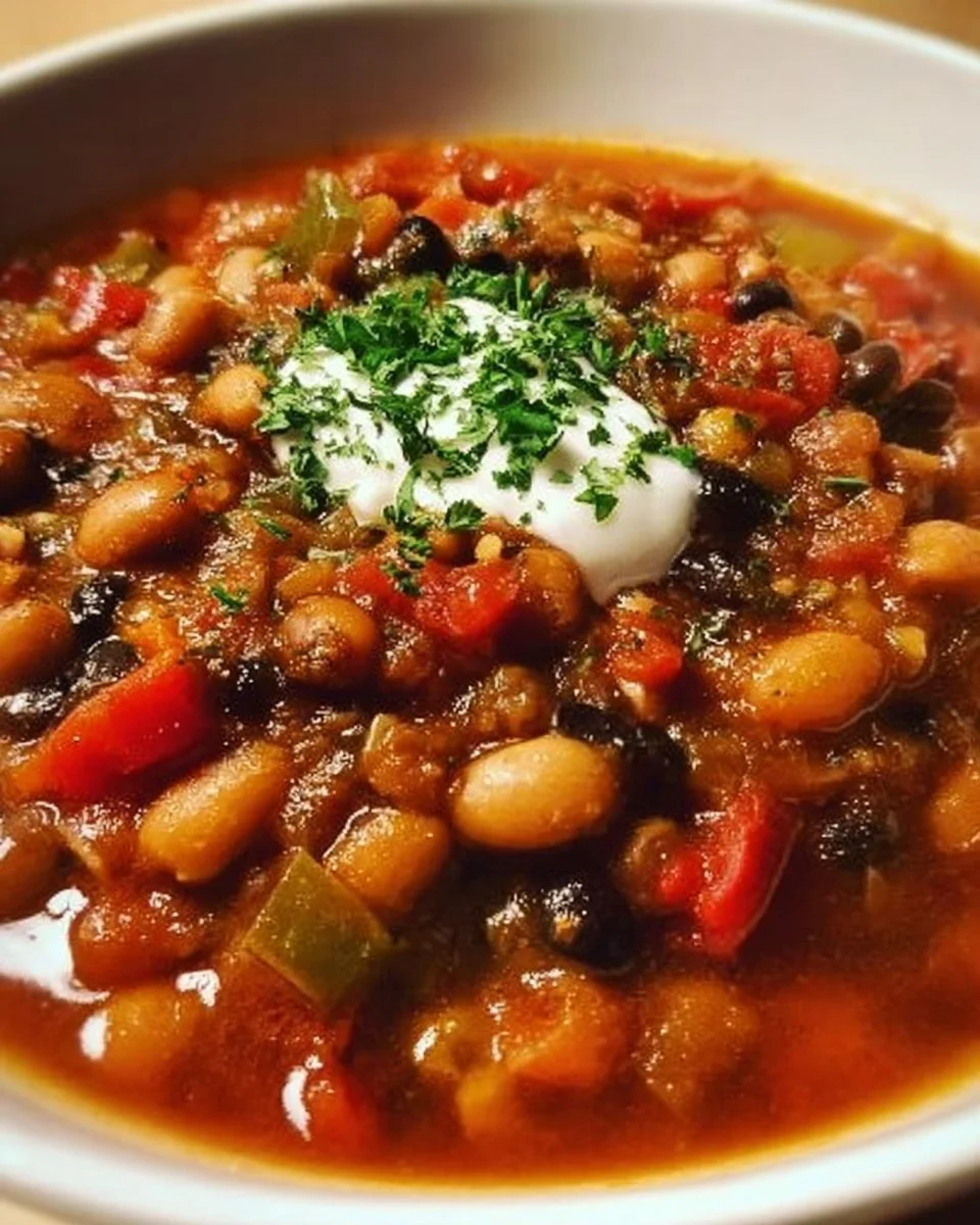 Bowl of Black Eyed Pea Chili topped with herbs and spices
