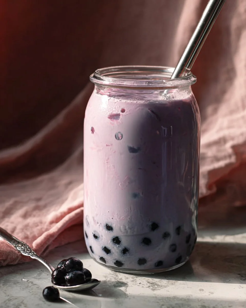 Blueberry Milk Tea 1 A refreshing cup of blueberry milk tea with a creamy texture and fruity flavor