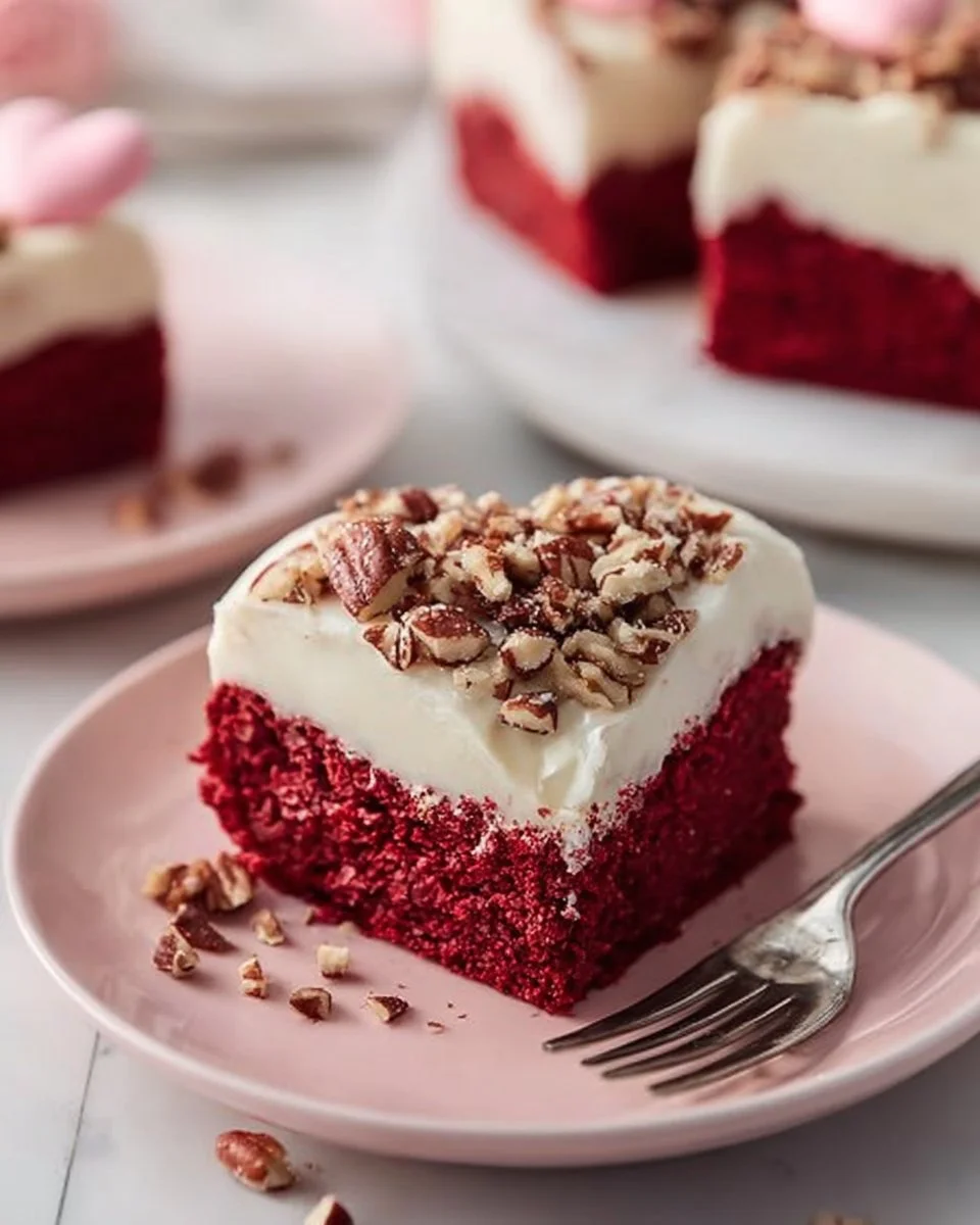 Chewy red velvet pecan brownies topped with cream cheese frosting.