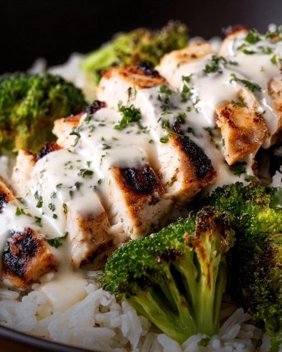 Chicken and Broccoli Bowls with Creamy Garlic Sauce on a plate