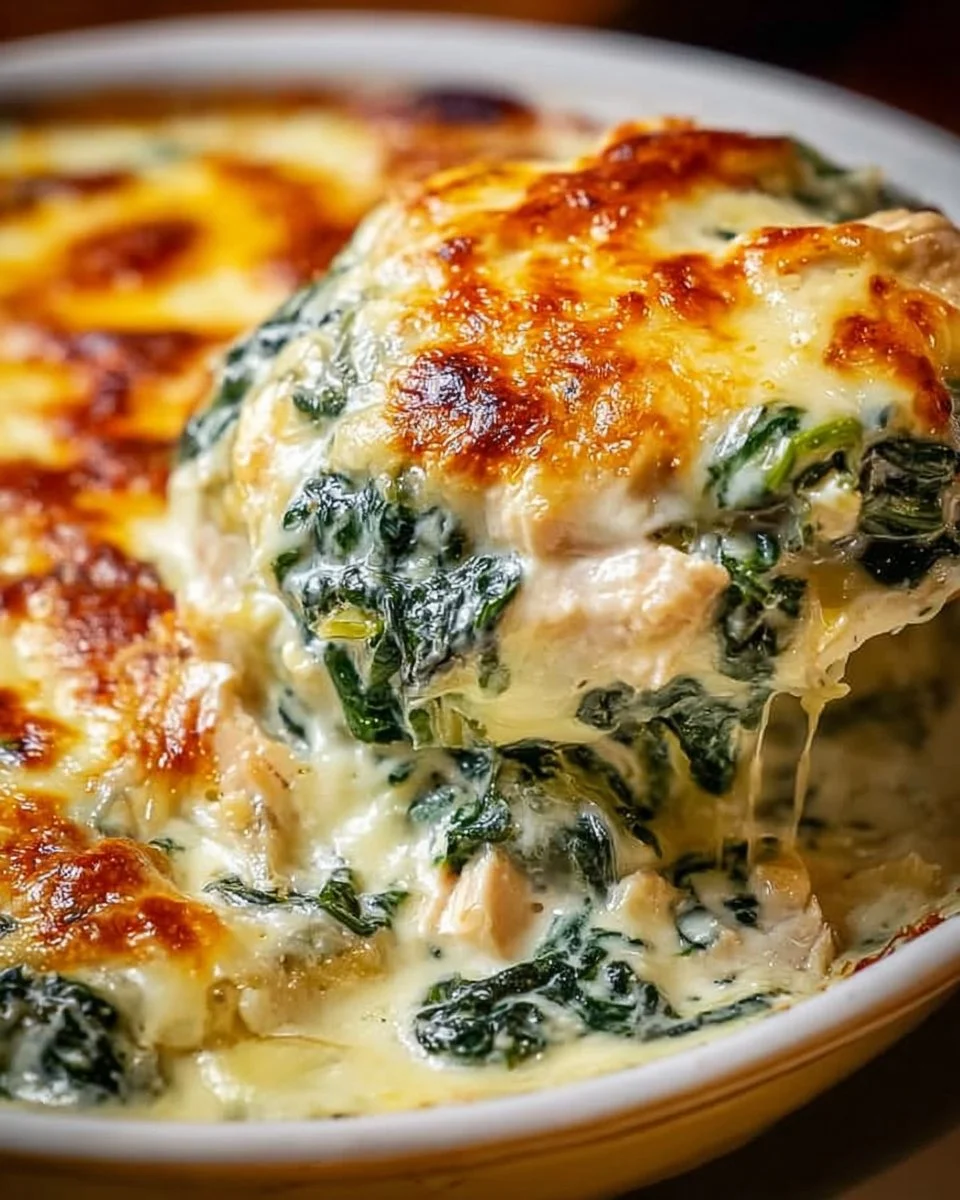 Creamy Chicken and Spinach Casserole topped with cheese and ready to serve