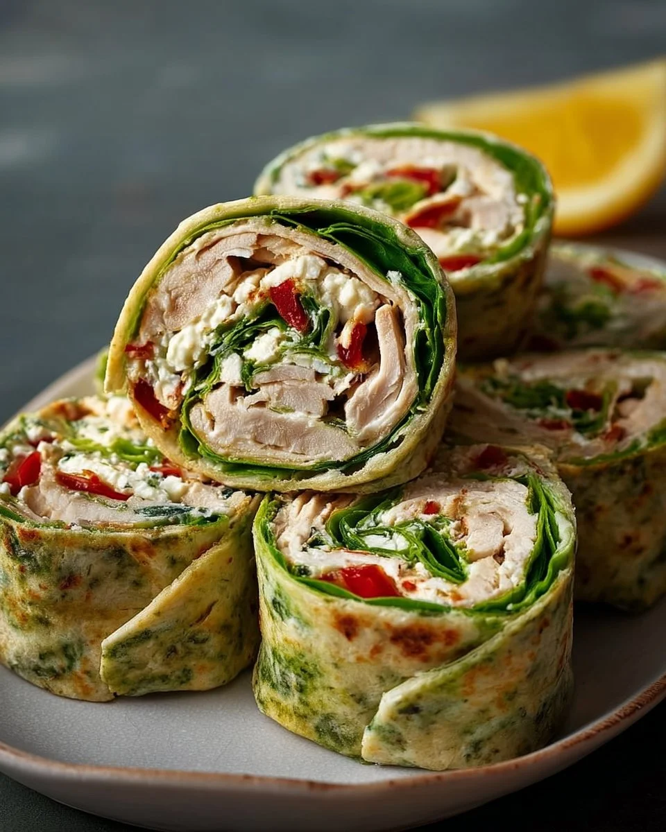 Healthy Chicken Cottage Cheese Wrap pinwheels ready to serve.