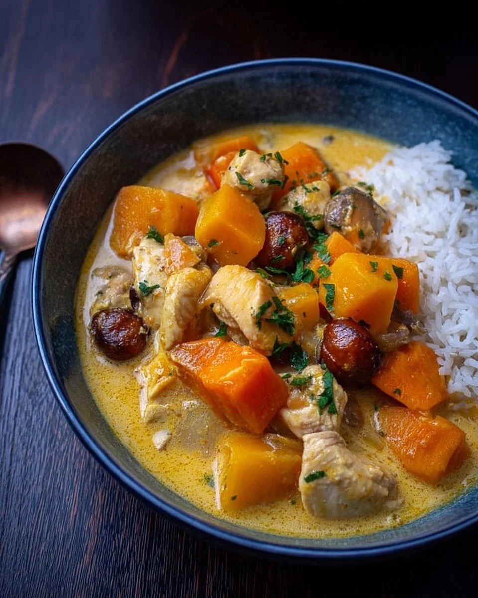 Delicious Chicken Stew with Butternut Squash and Chestnuts in a bowl