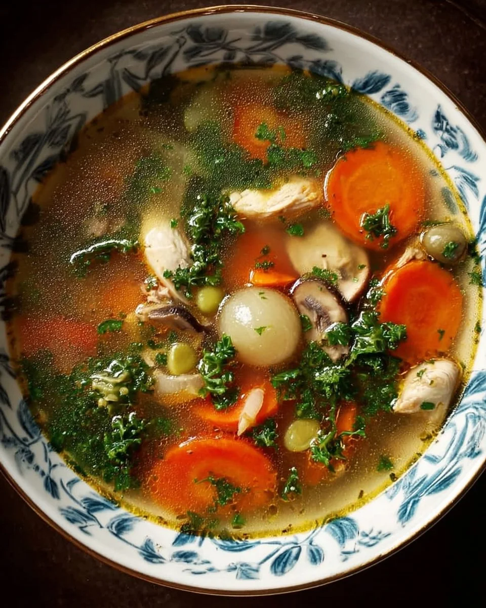 A bowl of Chicken & Vegetable Healing Soup, rich in nutrients for wellness.