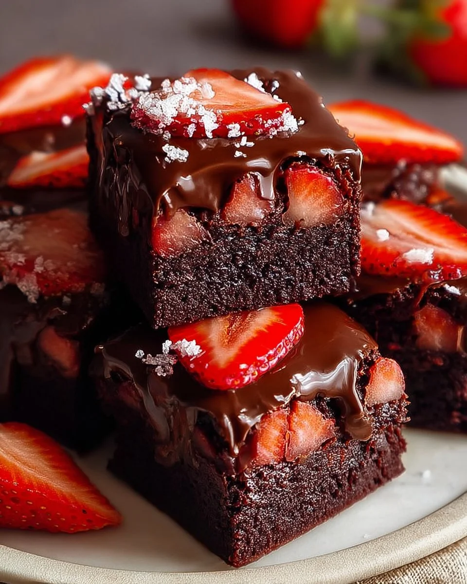 Delicious chocolate covered strawberry brownies topped with fresh strawberries.