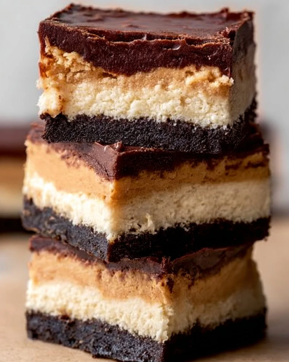 Delicious Chocolate Peanut Butter Cheesecake Bars arranged on a plate