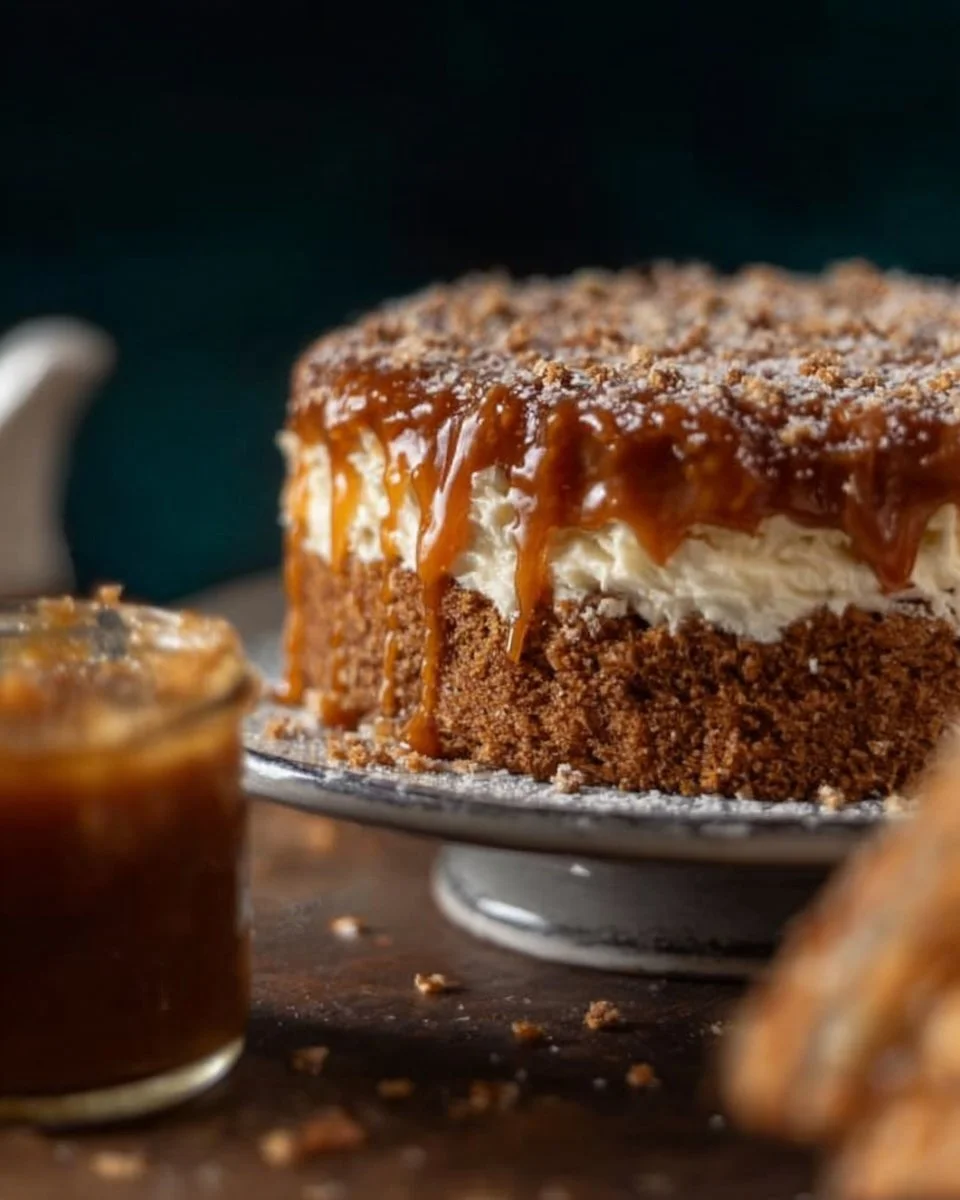 Delicious slice of Coffee Caramel Cake topped with caramel drizzle and coffee beans
