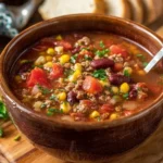 A bowl of delicious Cowboy Soup with vegetables and beef, garnished with herbs.