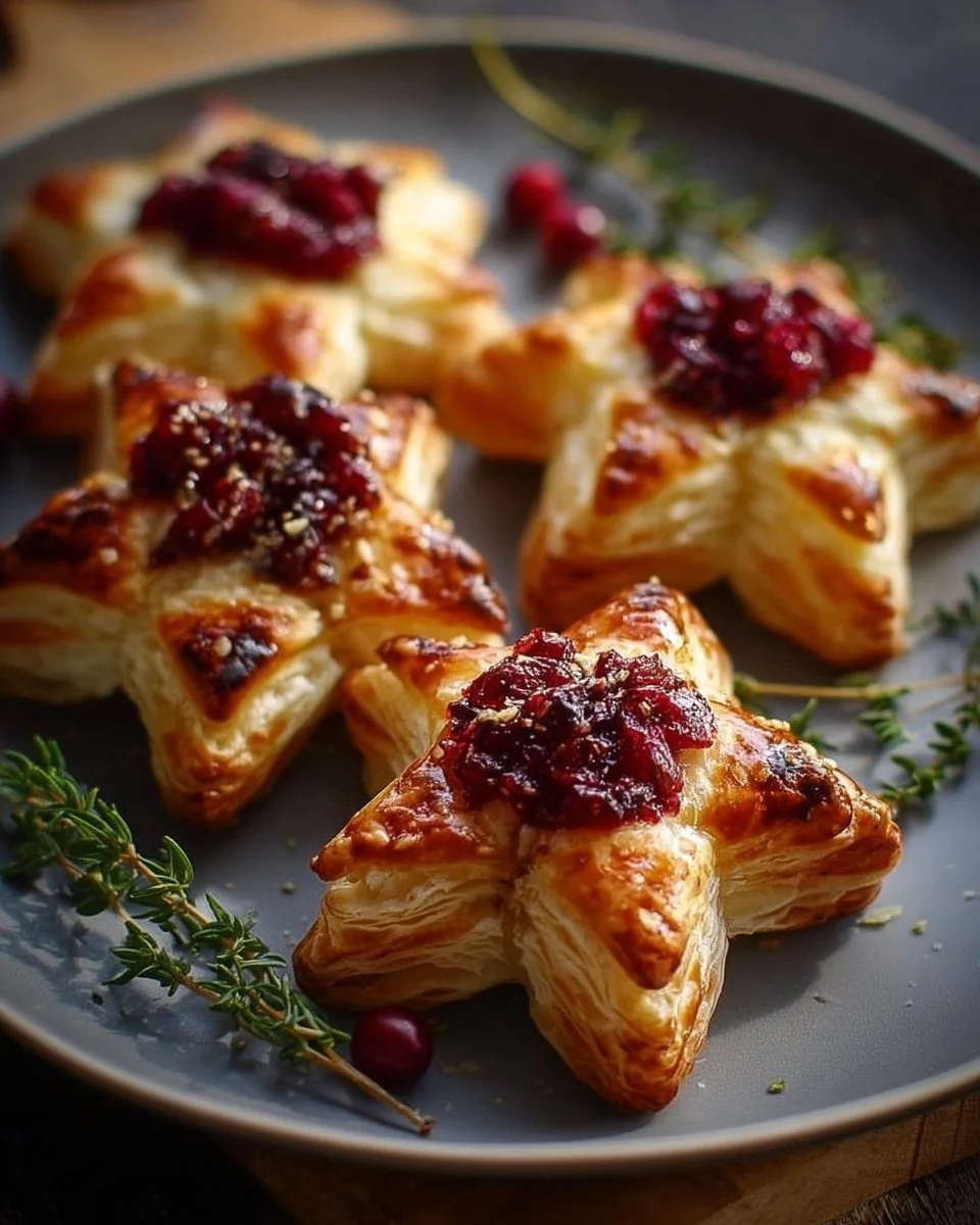 Cranberry Brie Puff Pastry Stars garnished with fresh herbs