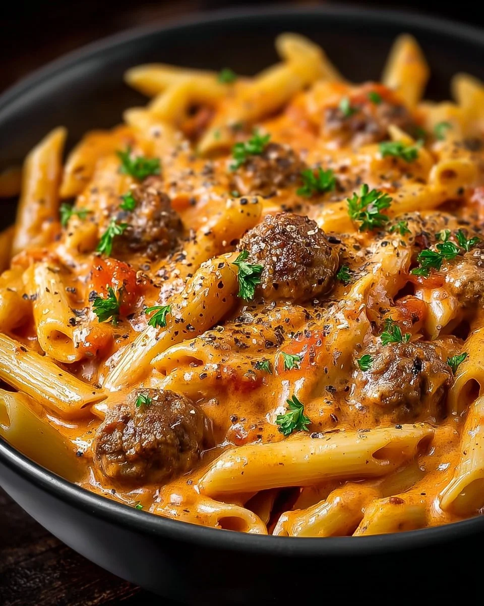 Creamy Beef Pasta 1 Creamy beef pasta dish served in a bowl with herbs and cheese on top.