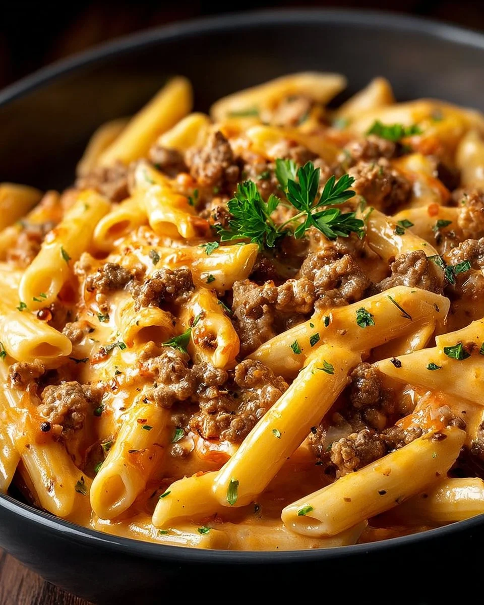 Delicious creamy beef pasta served in a bowl, garnished with fresh herbs.