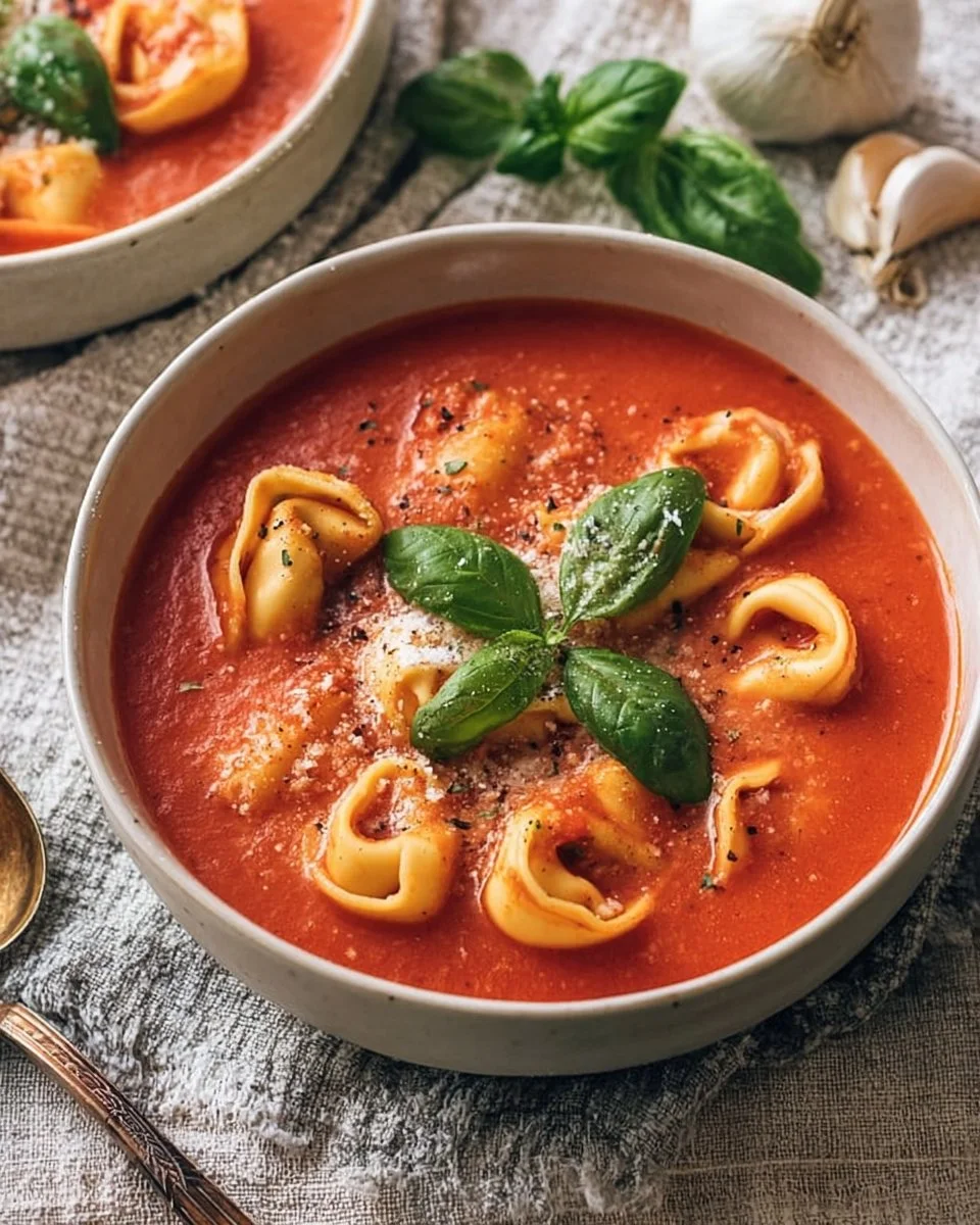 Delicious creamy Parmesan tomato tortellini soup in a bowl with garnishes