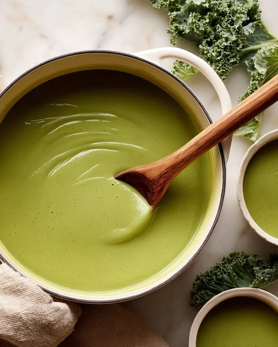 A bowl of creamy potato kale soup garnished with fresh herbs