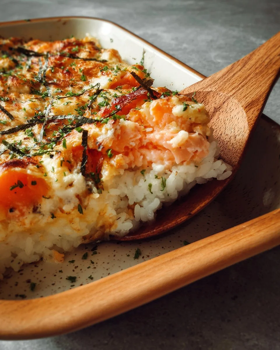 Creamy Salmon Sushi Bake 1 Delicious creamy salmon sushi bake topped with seaweed and rice