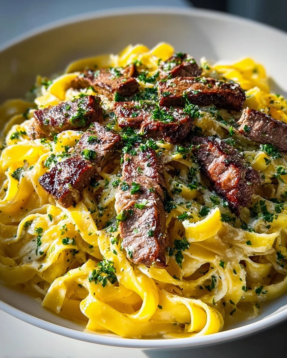 Creamy Steak Pasta Garlic 1 Creamy steak pasta garlic dish garnished with herbs and served in a bowl