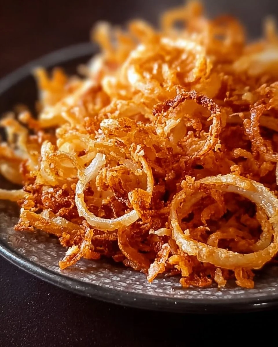 Crispy air fried onions served as a crunchy topping for various dishes
