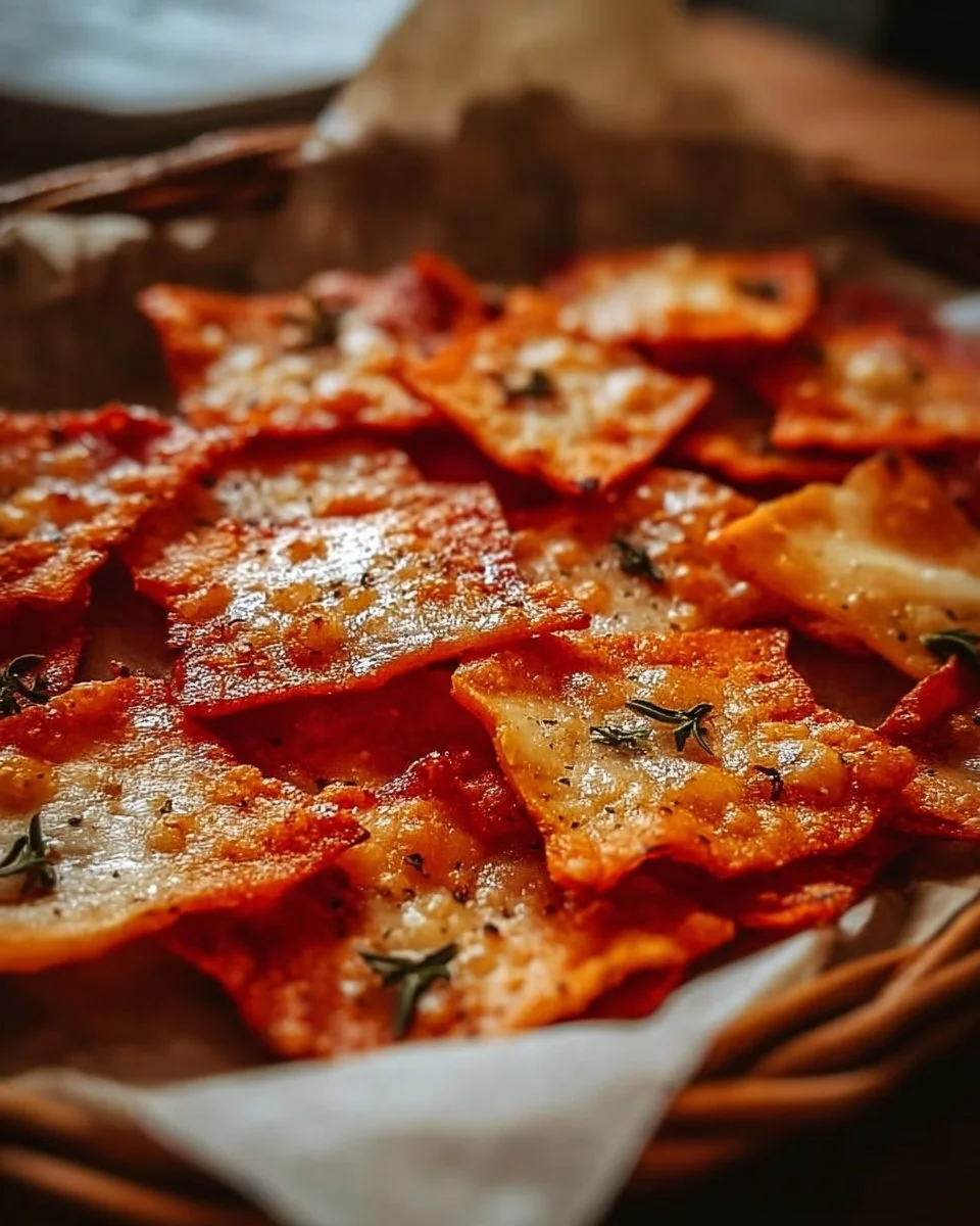 Delicious crispy pizza chips served in a bowl, perfect for snacking.