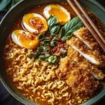 Bowl of crispy ramen topped with colorful vegetables and Asian flavors