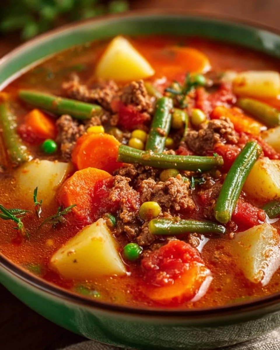 Crockpot Ground Beef Soup 1 Crockpot Ground Beef Soup in a bowl with fresh herbs on top.