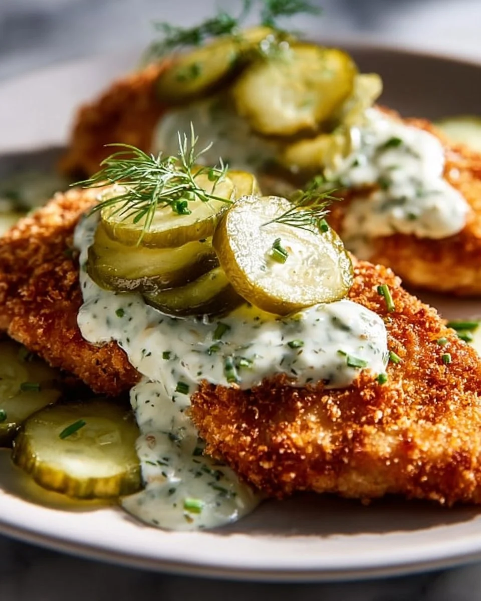 Crunchy Parmesan Chicken with Tangy Dill Pickle Flavor 1 Crunchy Parmesan Chicken garnished with dill pickles, showcasing its crispy texture.