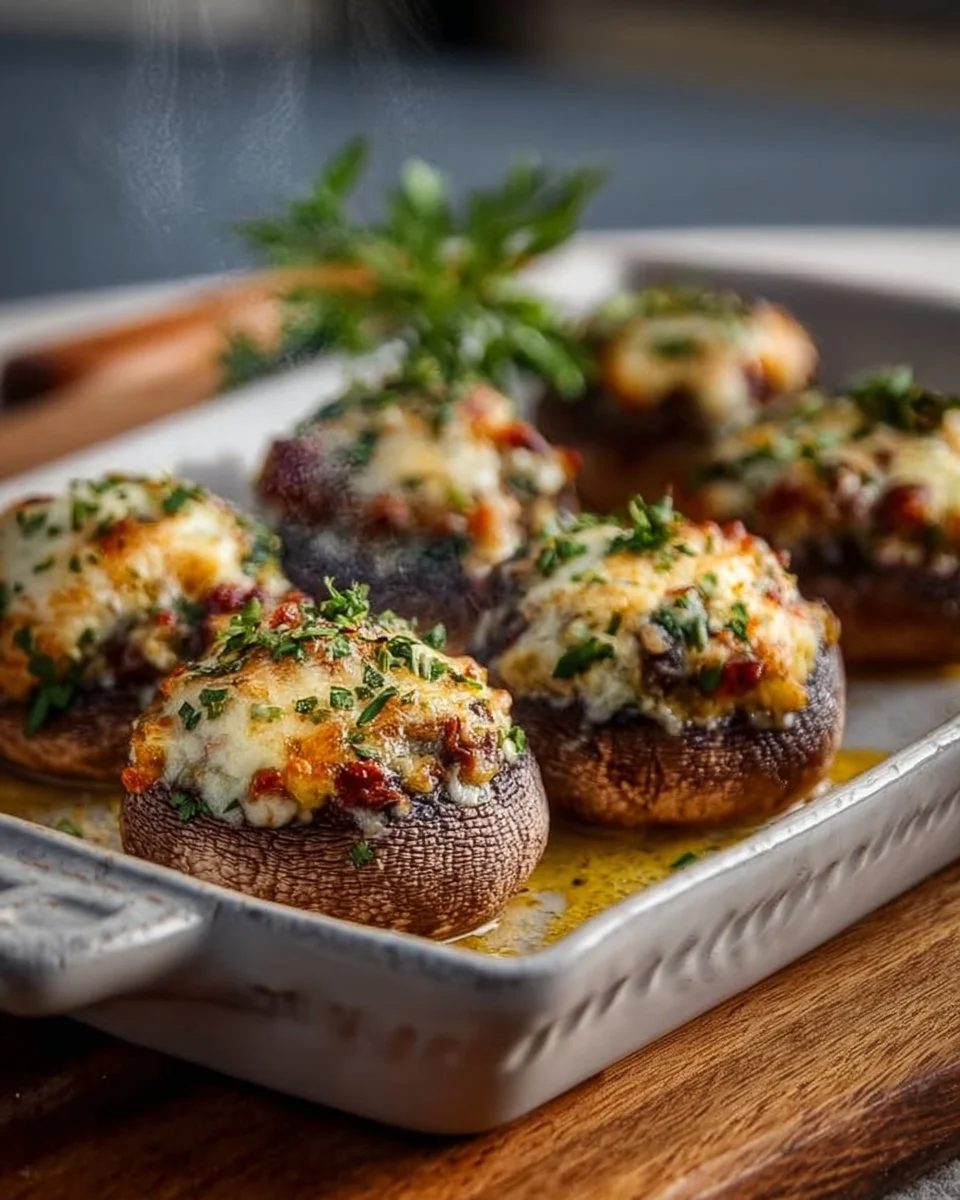 Delicious Restaurant-Style Stuffed Mushrooms to Wow Your Guests 1 Plate of delicious stuffed mushrooms garnished with herbs and cheese