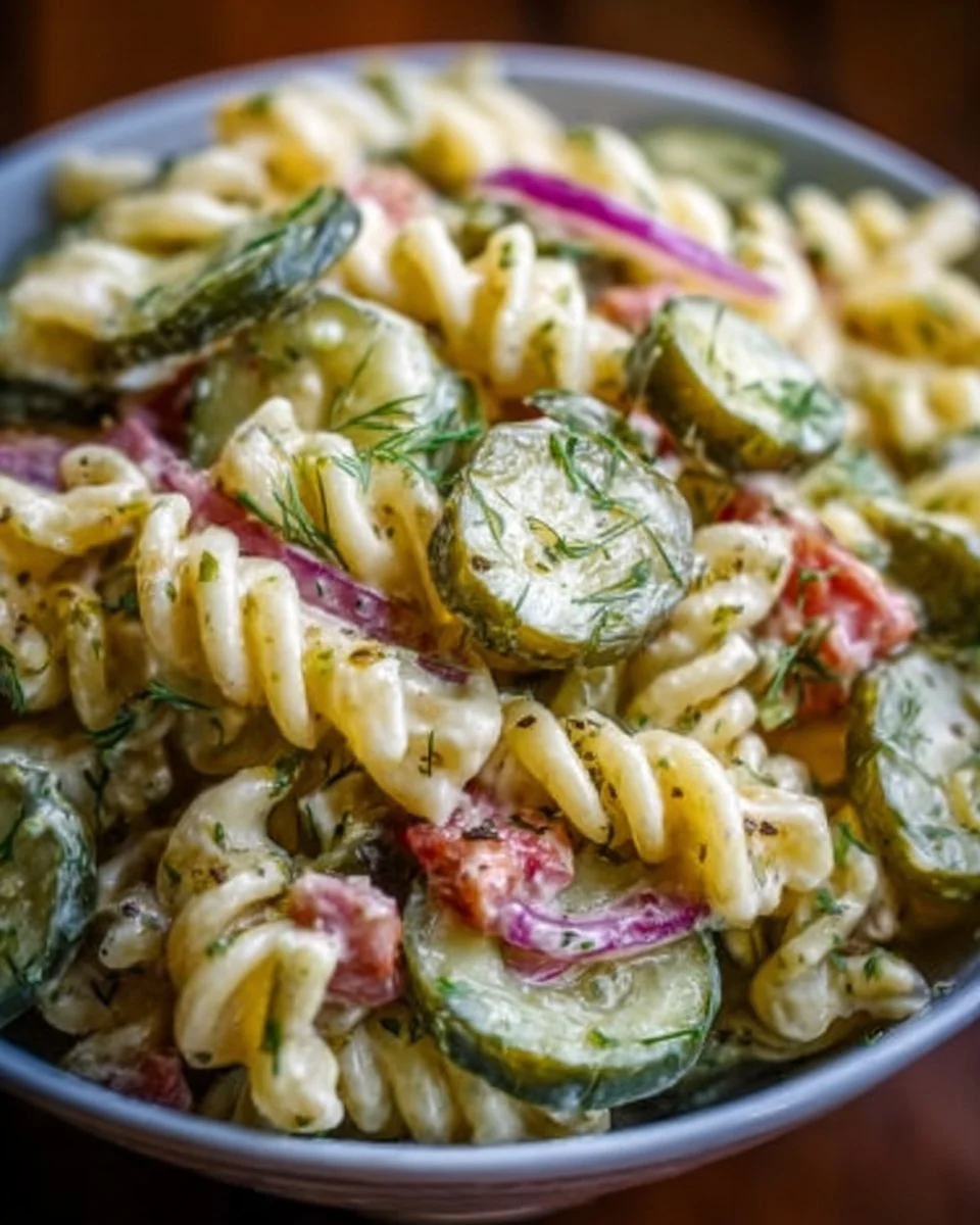 Dill Pickle Pasta Salad 1 Bowl of delicious Dill Pickle Pasta Salad with fresh ingredients