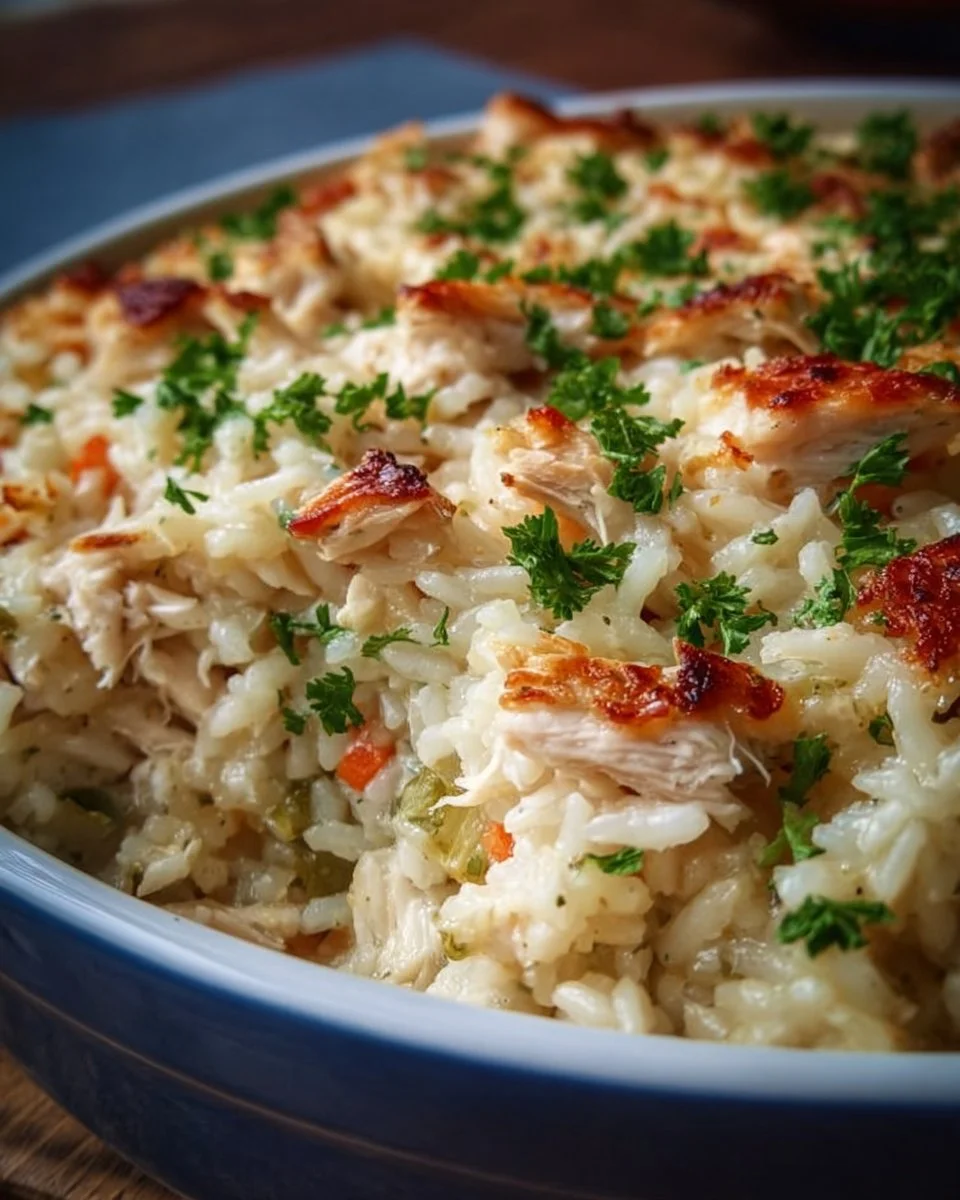 Dump-and-Bake Chicken Alfredo Rice Casserole topped with cheese