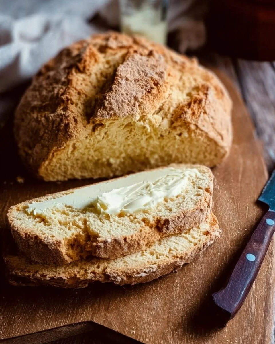 Freshly baked easy Irish soda bread loaf on a wooden table