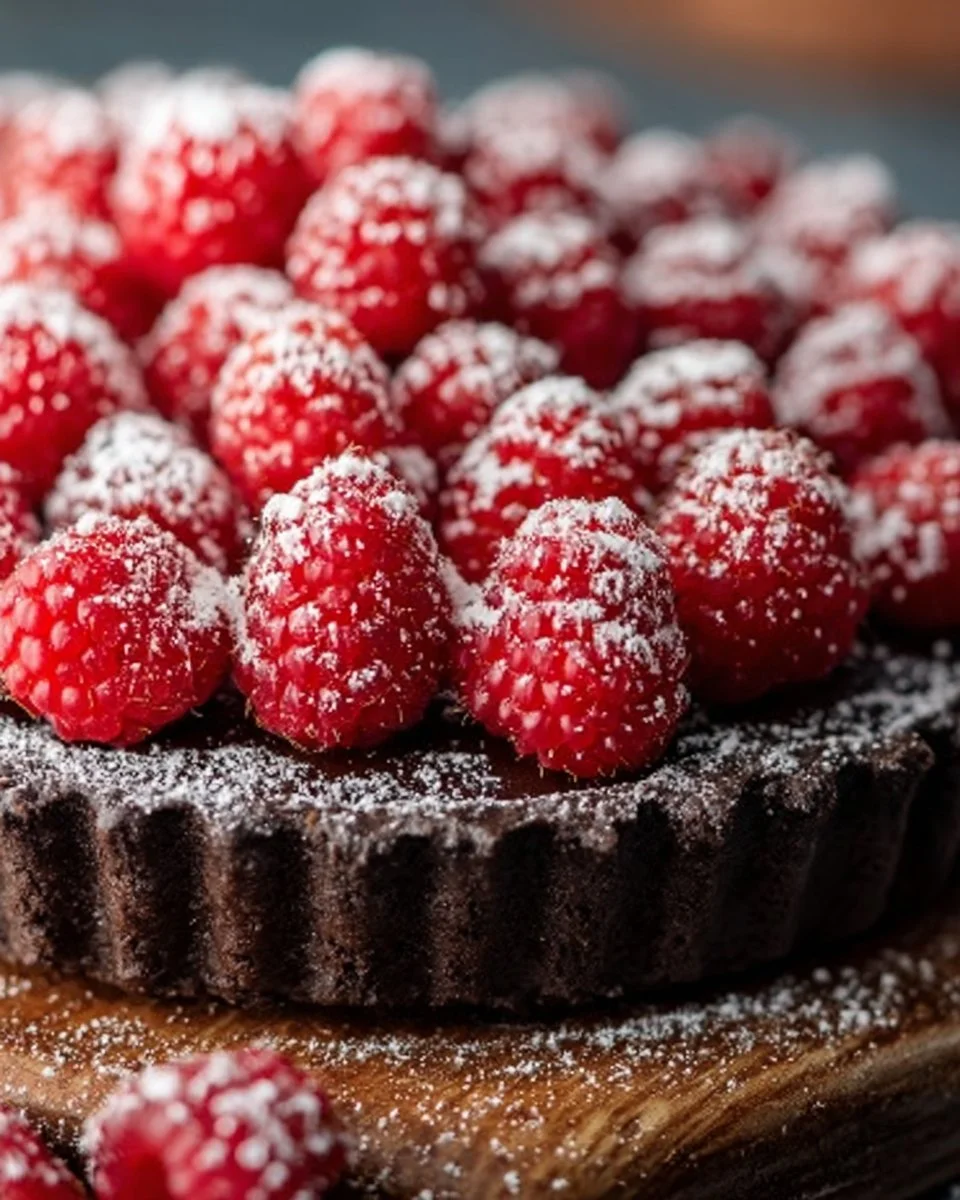 Easy chocolate raspberry tart with rich chocolate and fresh raspberry topping.