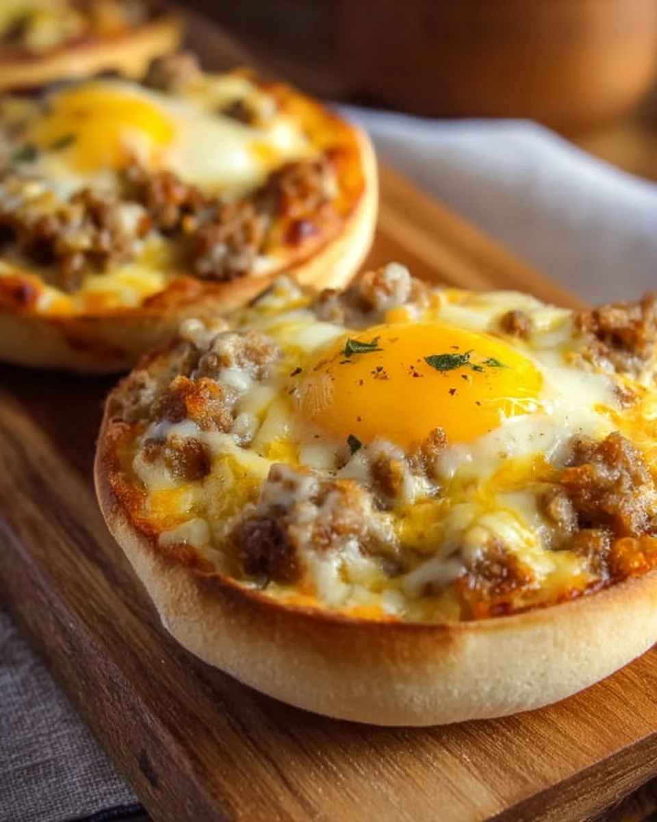 Easy English muffin breakfast pizza topped with cheese and veggies