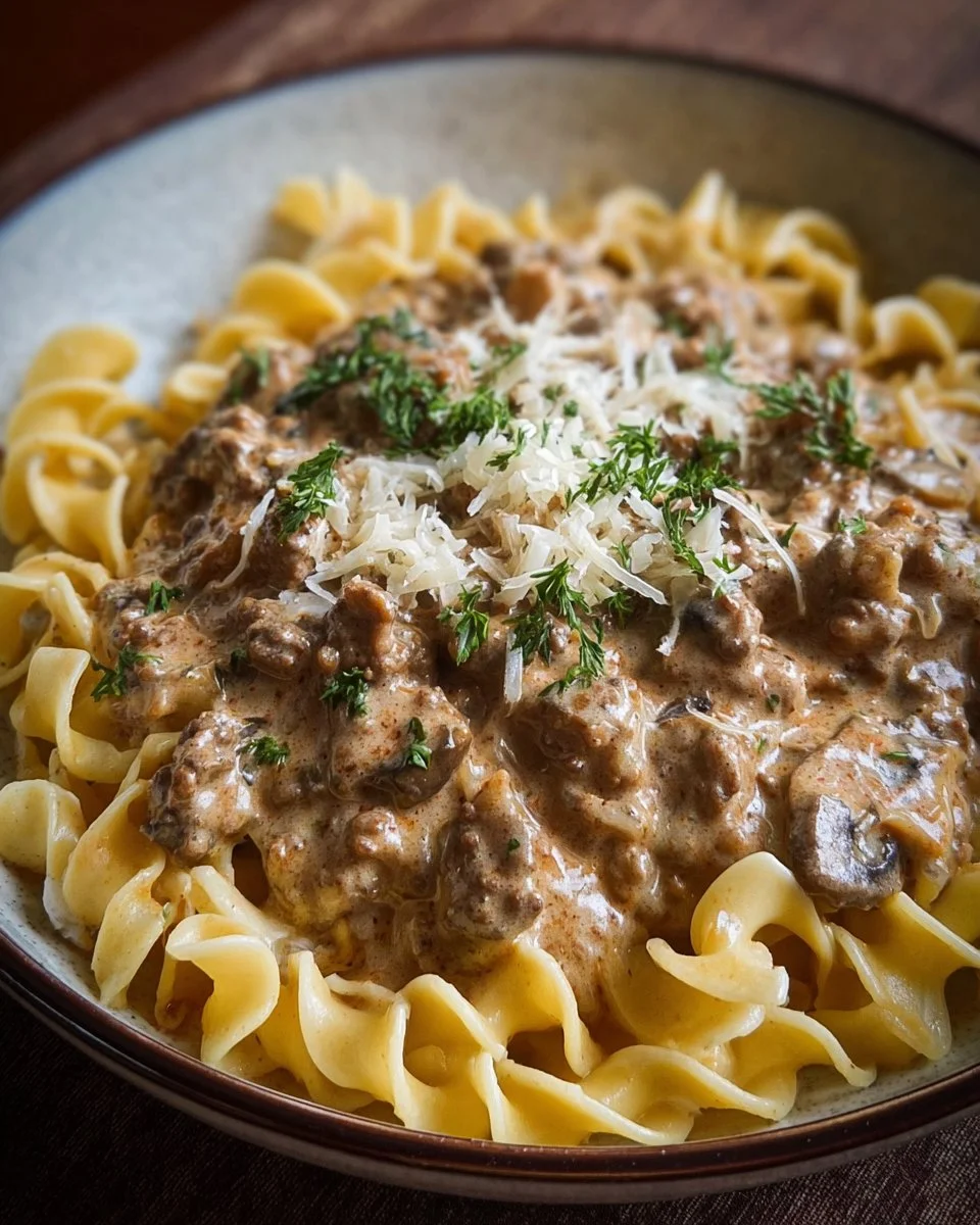 Delicious Easy Ground Beef Stroganoff served with egg noodles