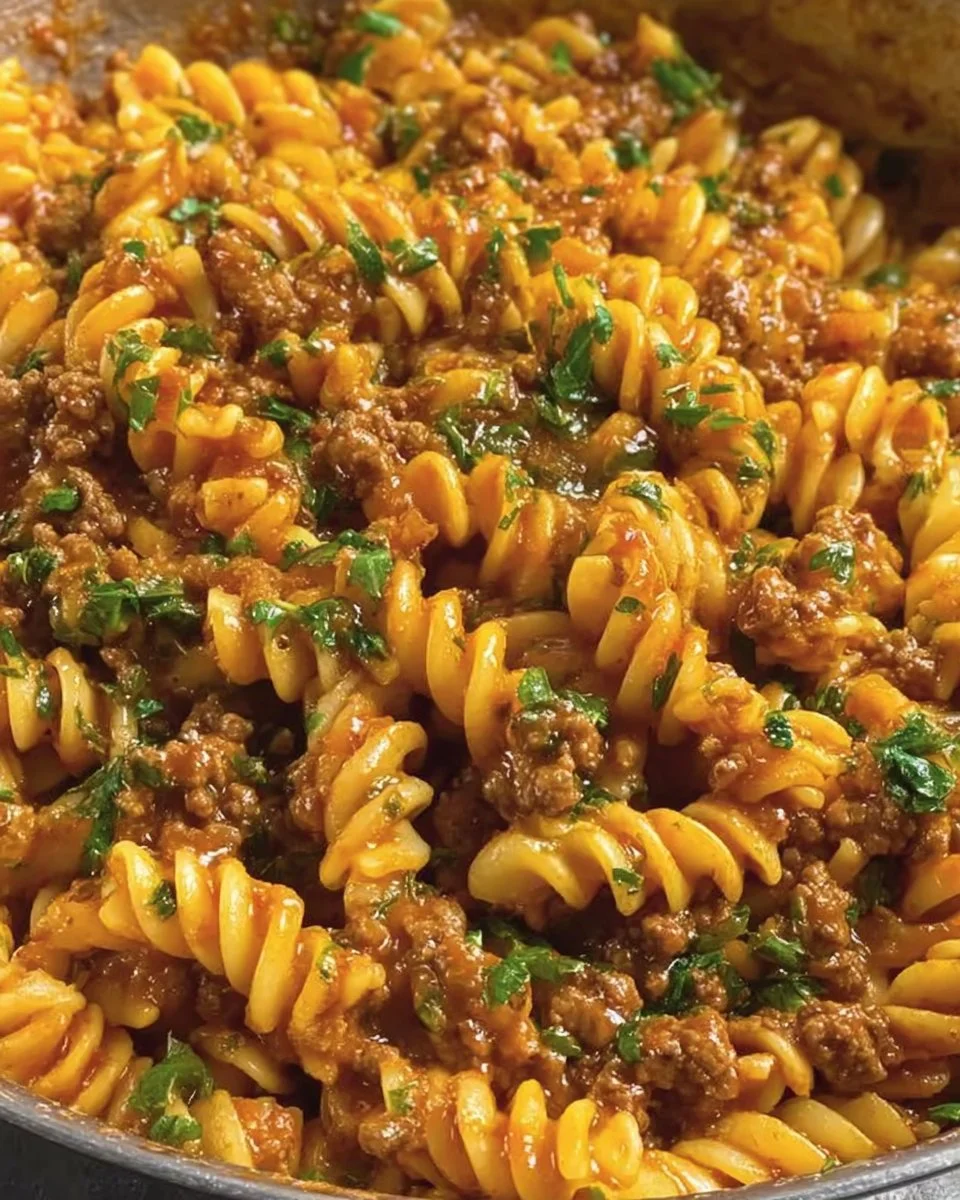 Plate of easy healthier creamy garlic beef pasta garnished with parsley.