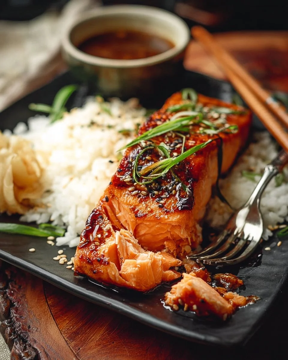 Delicious easy miso salmon fillet garnished with herbs on a plate