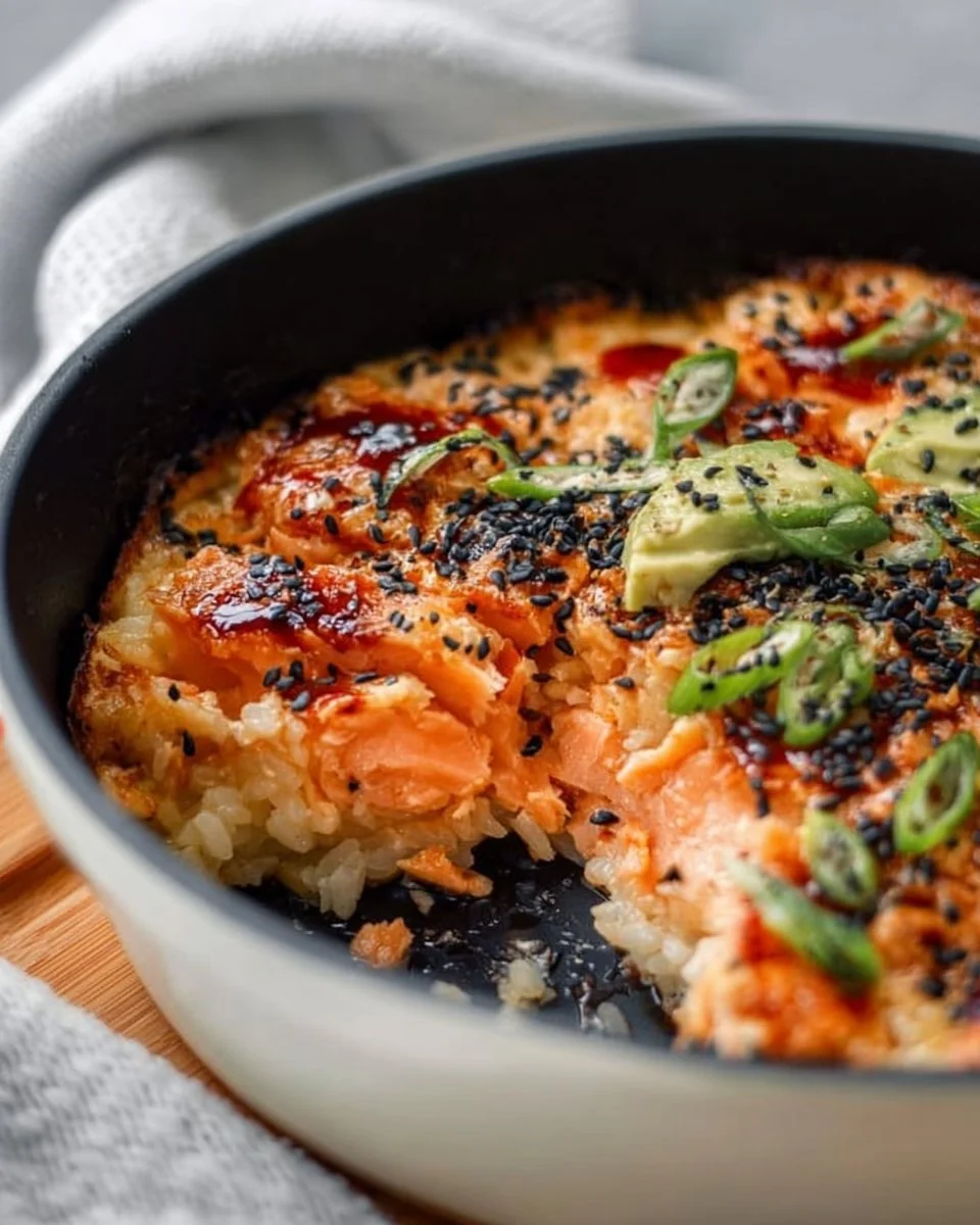 Delicious homemade easy salmon sushi bake ready to serve.