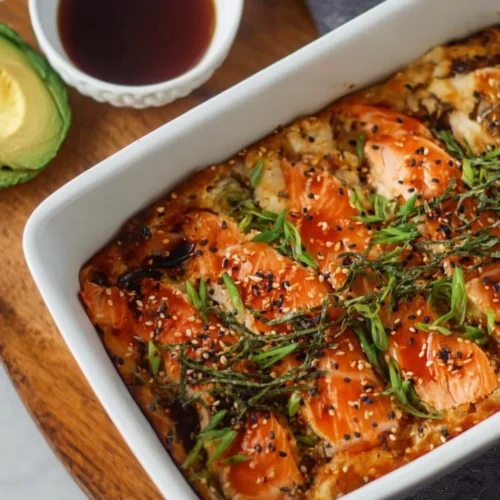 Easy Salmon Sushi Bake 2 Easy salmon sushi bake dish garnished and ready to serve