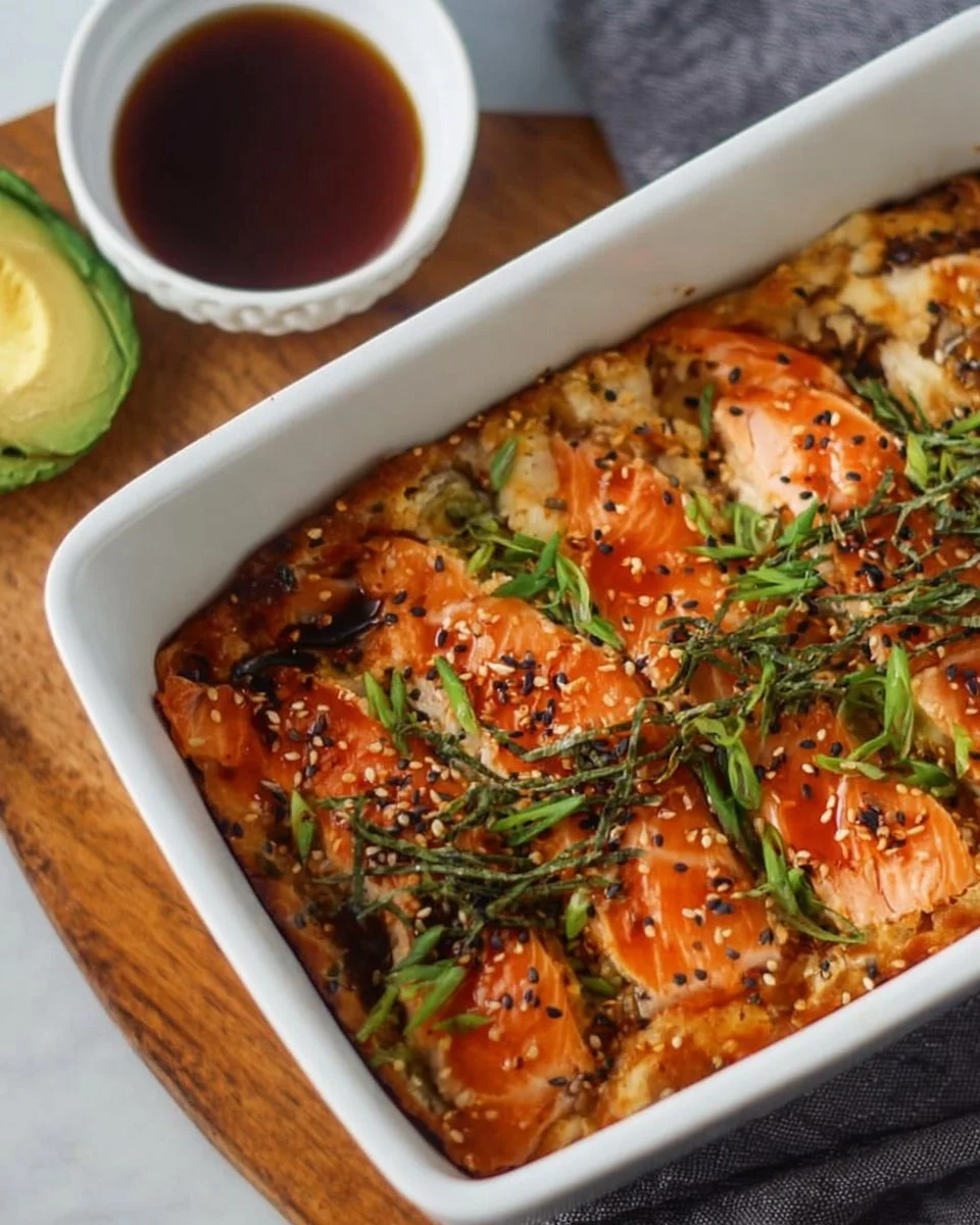 Easy salmon sushi bake dish garnished and ready to serve