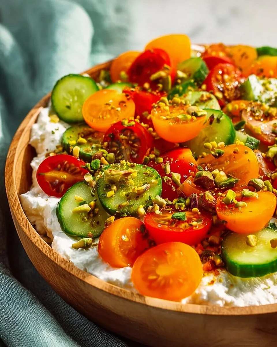 Easy Savory Cottage Cheese Bowl 1 Savory cottage cheese bowl topped with fresh vegetables and herbs