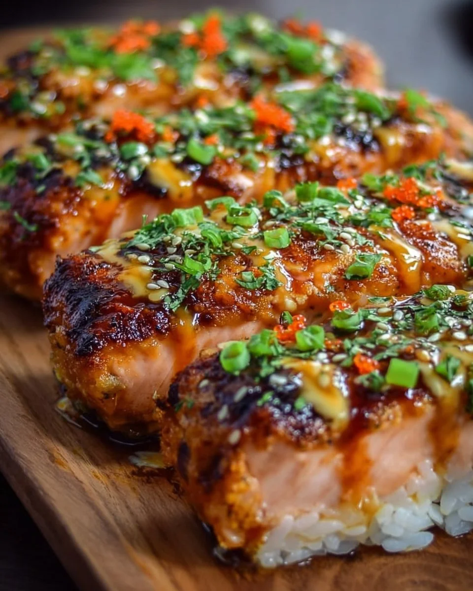 Easy spicy salmon sushi bake topped with creamy sauce and green onions.