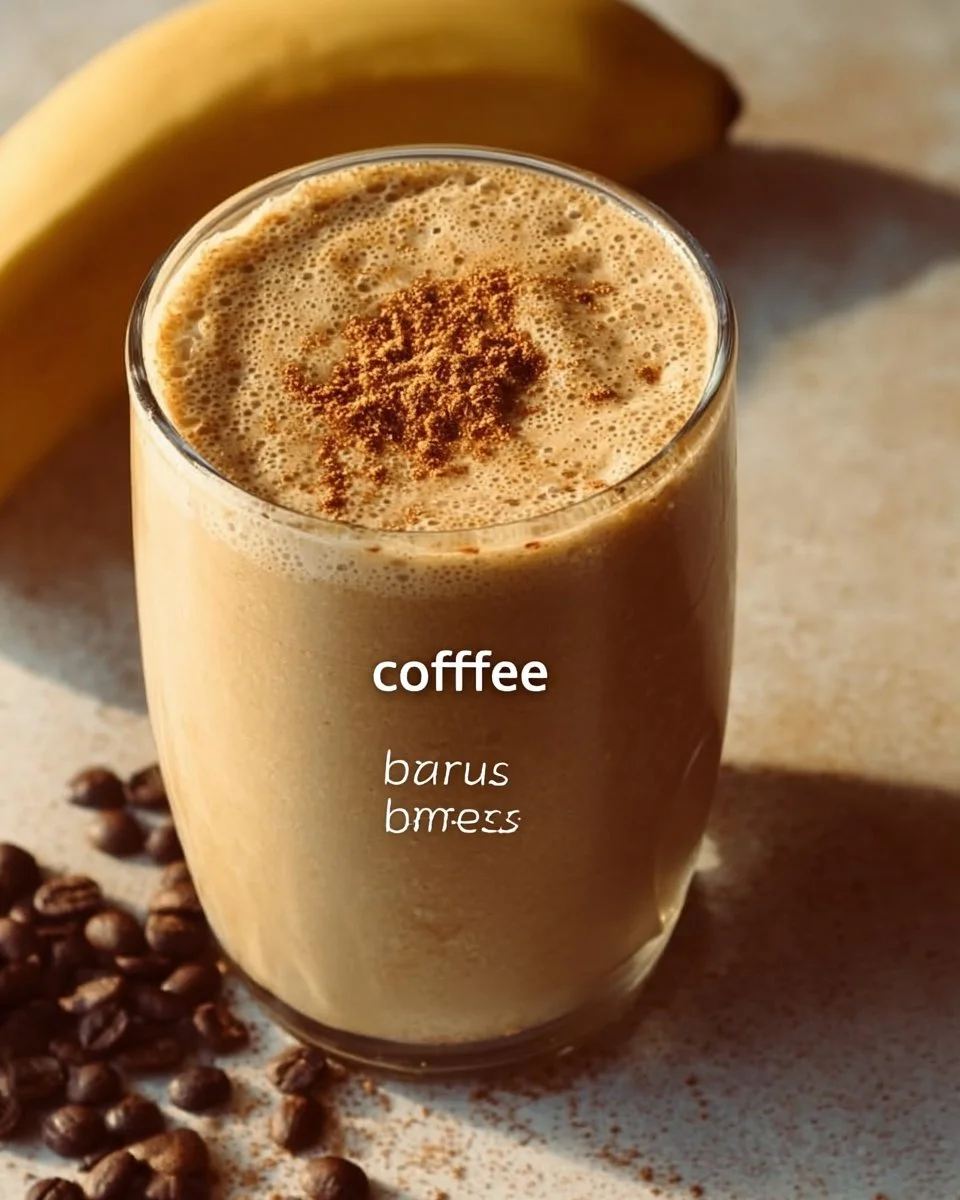 Creamy banana peanut butter coffee smoothie in a glass with a banana garnish