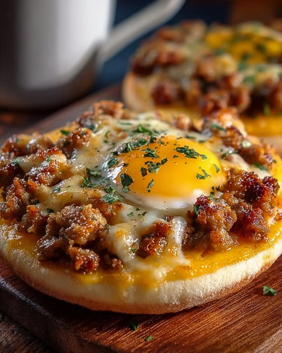 Delicious English Muffin Breakfast Pizza topped with eggs and cheese