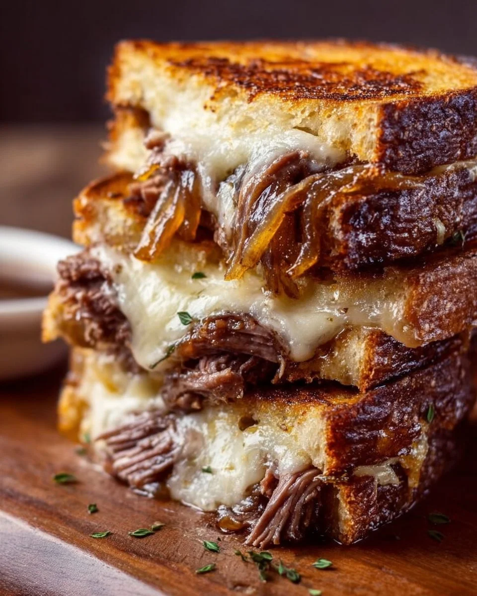 French Dip Grilled Cheese sandwich with roast beef and melted cheese