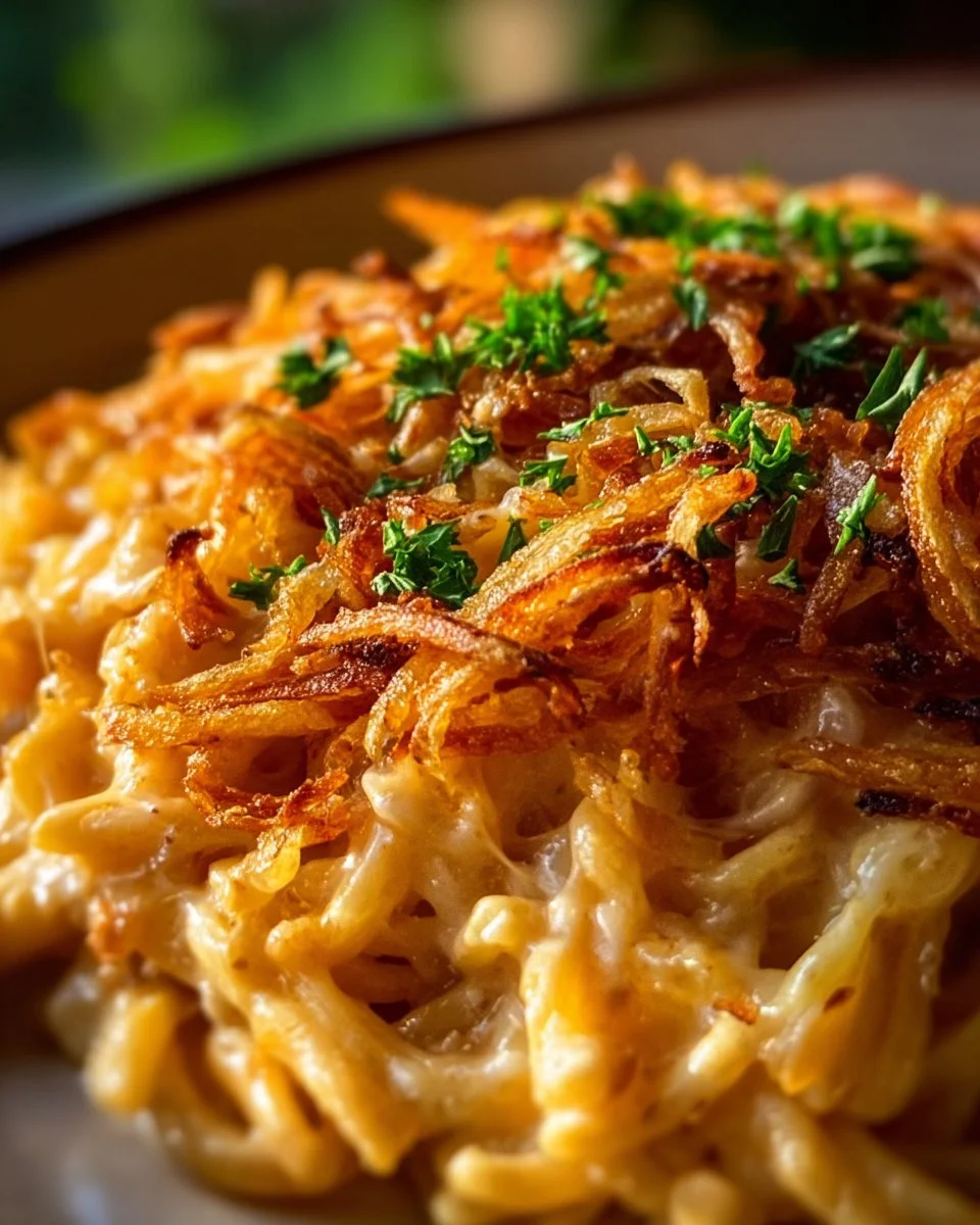 French Onion Chicken Orzo Casserole topped with melted cheese and herbs
