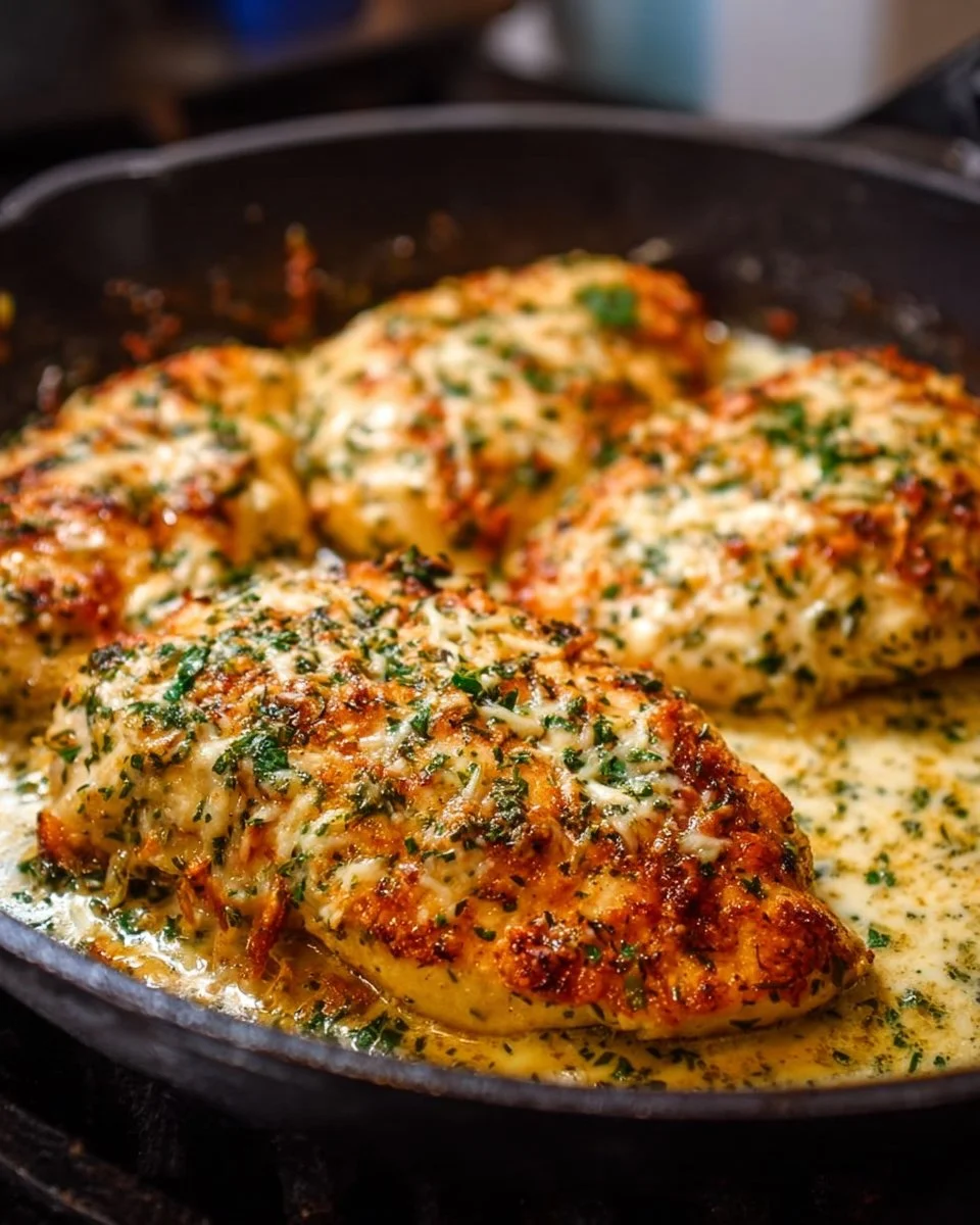Garlic Parmesan Chicken 1 Delicious Garlic Parmesan Chicken garnished with herbs and served on a plate