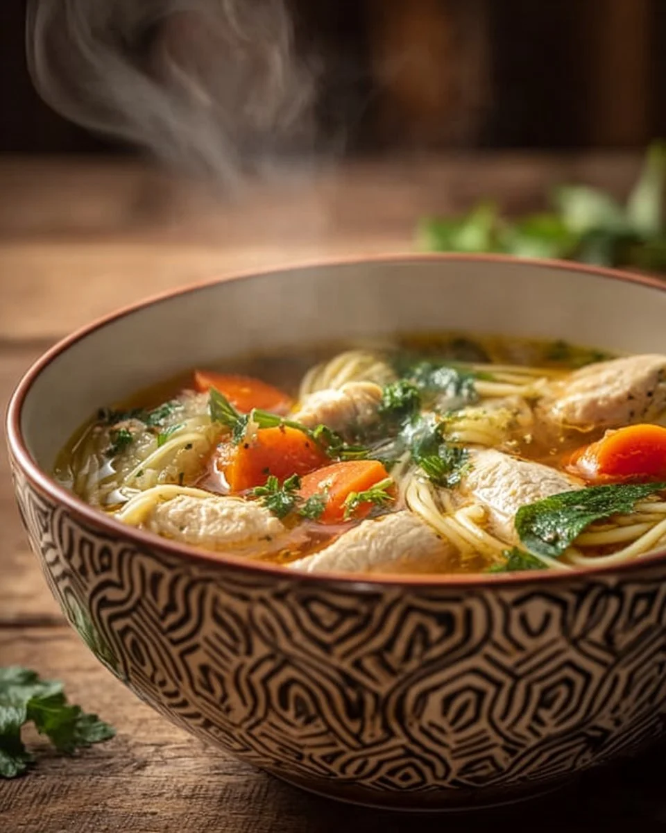 Ginger Garlic Chicken Noodle Soup 1 Bowl of Ginger Garlic Chicken Noodle Soup with herbs and noodles