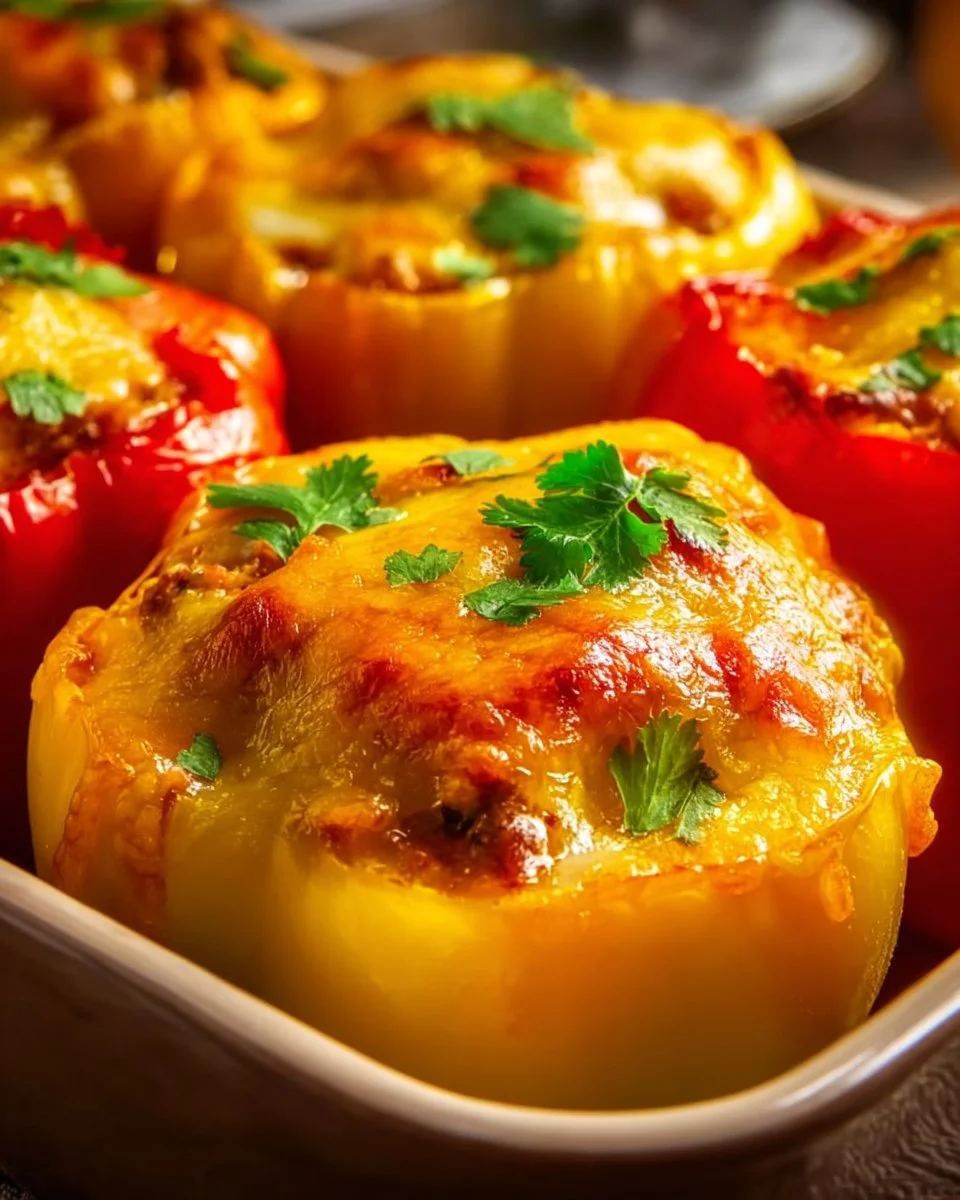 Gluten-free ground turkey stuffed peppers on a plate garnished with herbs