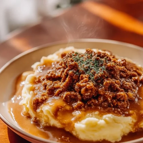 Ground turkey and gravy over a bed of mashed potatoes in a bowl