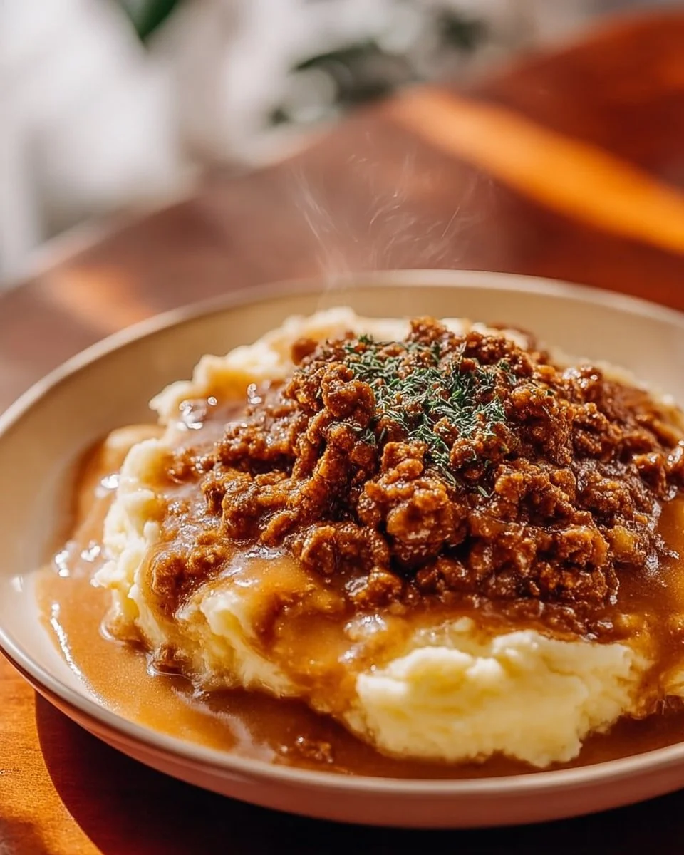 Ground turkey and gravy over a bed of mashed potatoes in a bowl